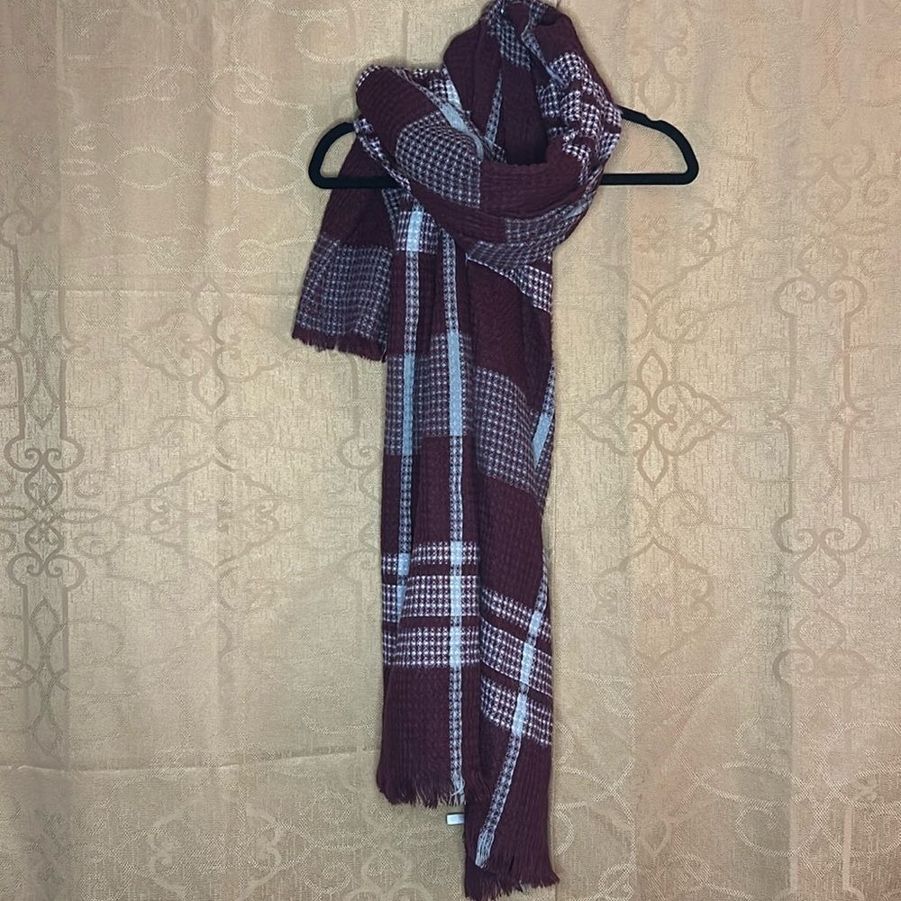 Charlotte Russe Burgundy Plaid Oversized Blanket Scarf Waffle Knit Fringe Fall